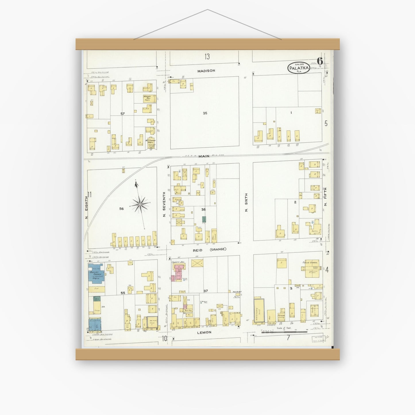 Old map wall art mockup — magnetic wood frame on white wall — Sanborn Fire Insurance Map from Palatka, Putnam County, Florida (1909), Sheet #0006