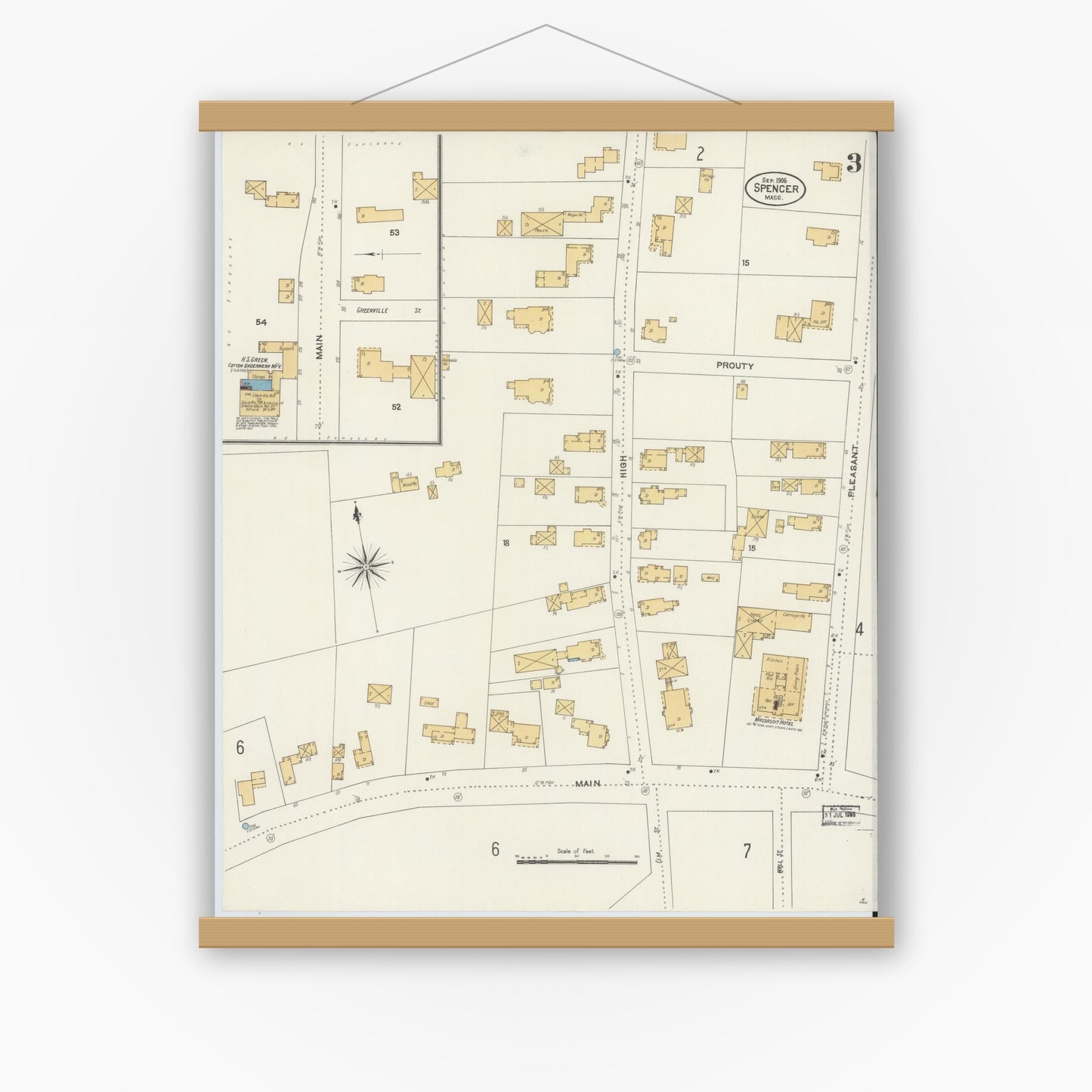 Old map wall art mockup — magnetic wood frame on white wall — Sanborn Fire Insurance Map from Spencer, Worcester County, Massachusetts (1906), Sheet #0003
