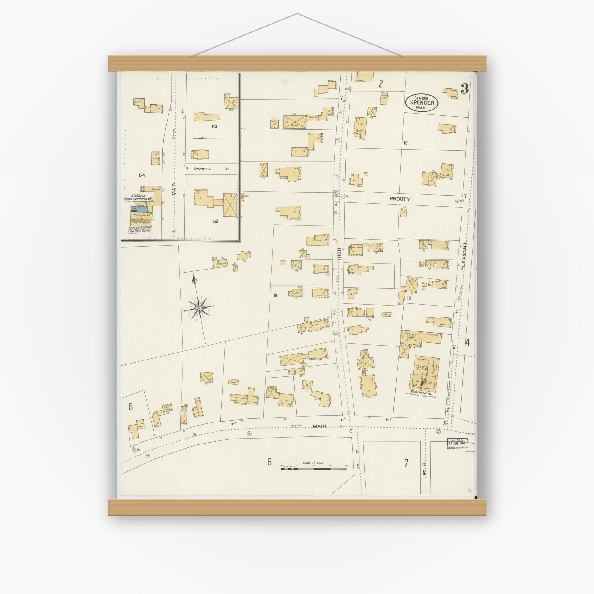 Old map wall art mockup — magnetic wood frame on white wall — Sanborn Fire Insurance Map from Spencer, Worcester County, Massachusetts (1906), Sheet #0003