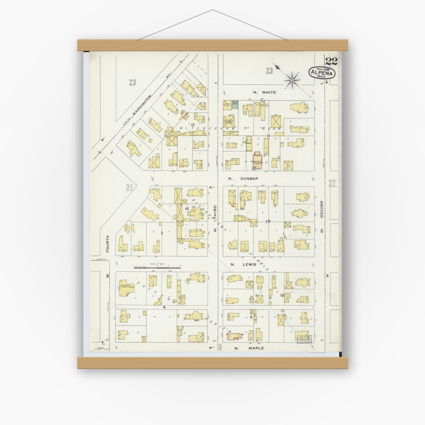 Old map wall art mockup — magnetic wood frame on white wall — Sanborn Fire Insurance Map from Alpena, Alpena County, Michigan (1895), Sheet #0022