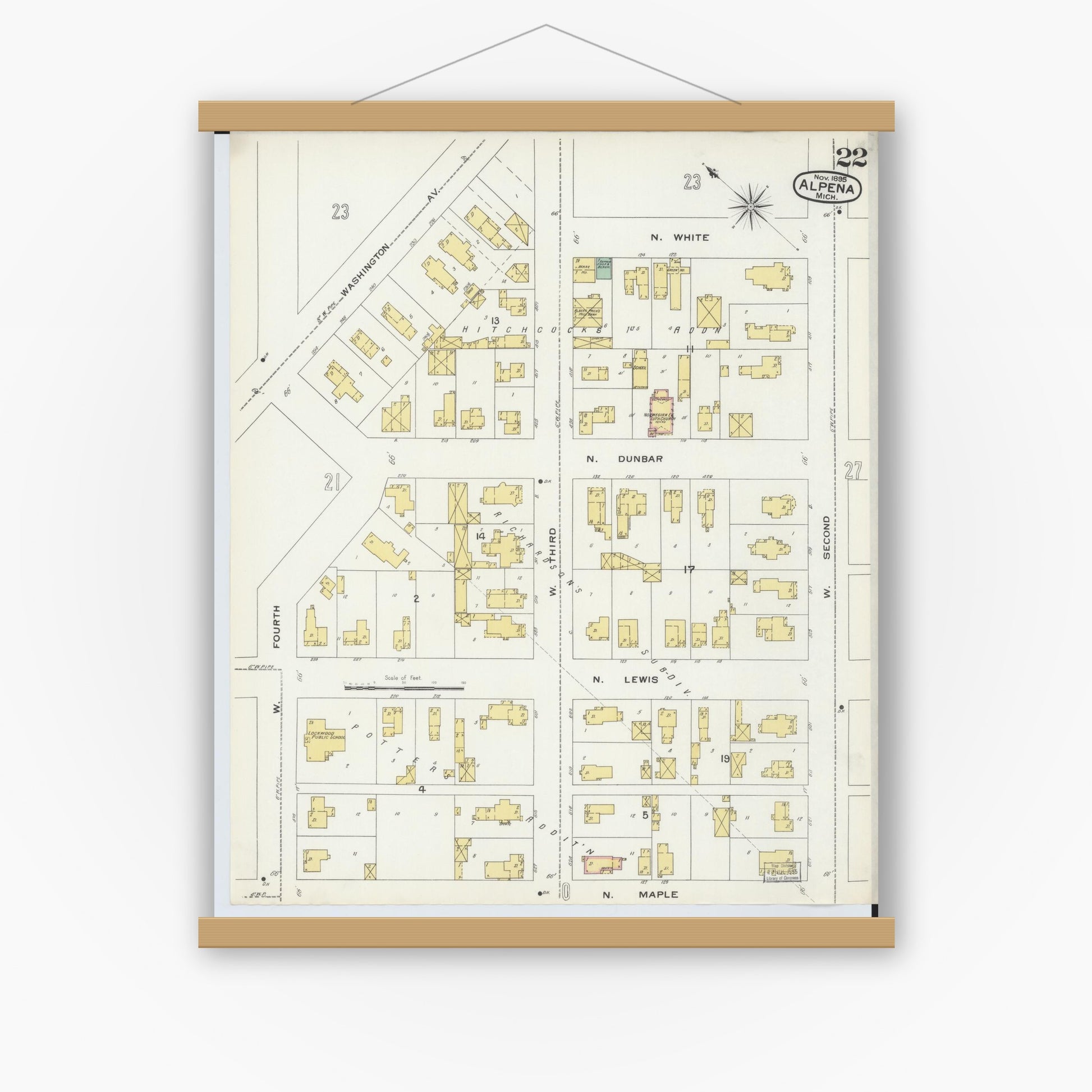 Old map wall art mockup — magnetic wood frame on white wall — Sanborn Fire Insurance Map from Alpena, Alpena County, Michigan (1895), Sheet #0022