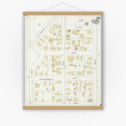 Old map wall art mockup — magnetic wood frame on white wall — Sanborn Fire Insurance Map from Alpena, Alpena County, Michigan (1895), Sheet #0022