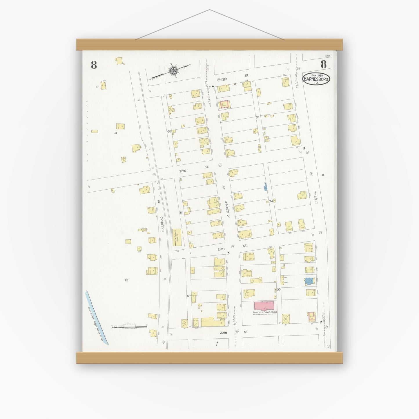 Old map wall art mockup — magnetic wood frame on white wall — Sanborn Fire Insurance Map from Barnesboro, Cambria County, Pennsylvania (1930), Sheet #0008