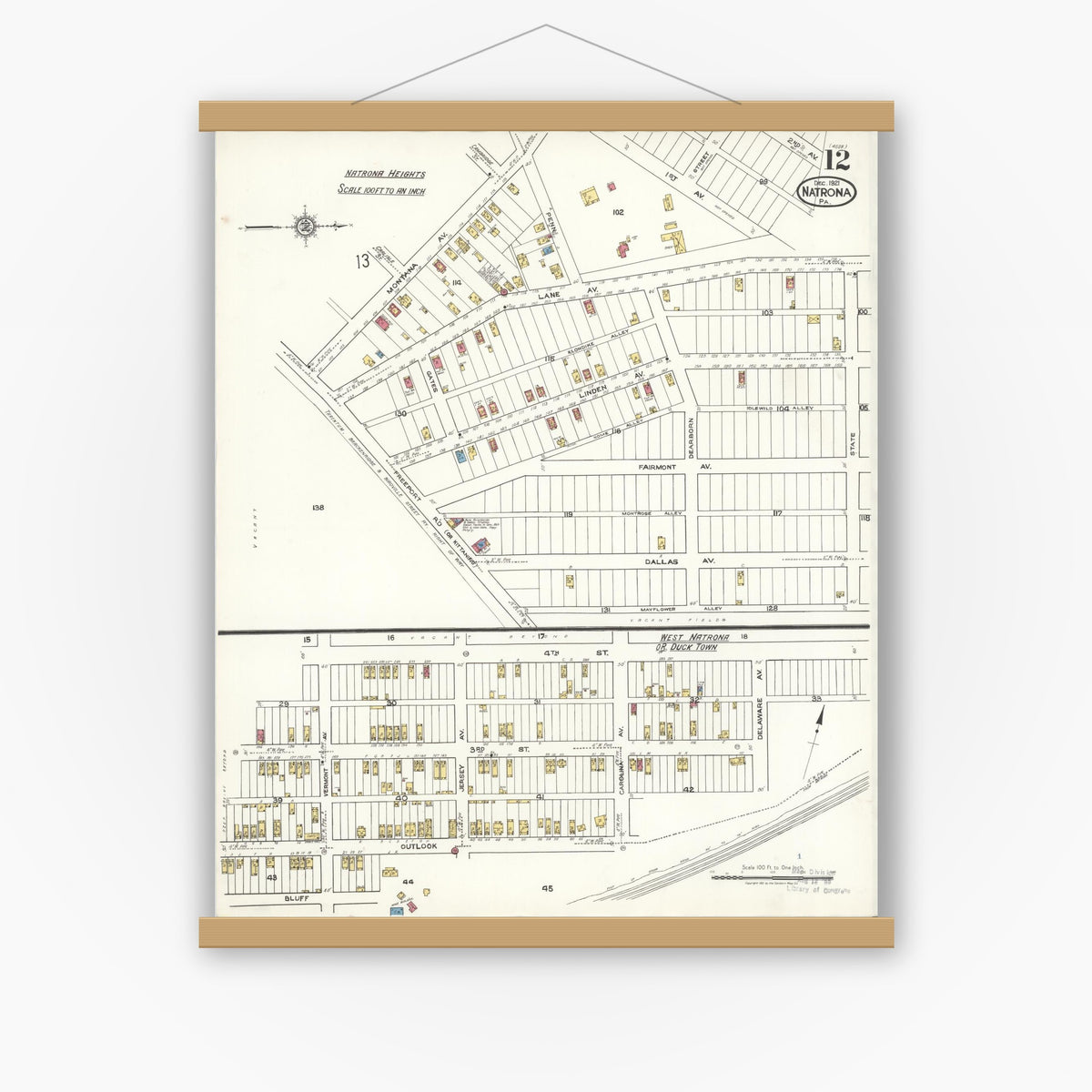 Old map wall art mockup — magnetic wood frame on white wall — Sanborn Fire Insurance Map from Natrona, Allegheny County, Pennsylvania (1921), Sheet #0012