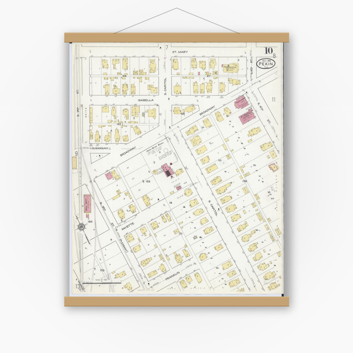 Old map wall art mockup — magnetic wood frame on white wall — Sanborn Fire Insurance Map from Pekin, Tazewell County, Illinois (1916), Sheet #0010