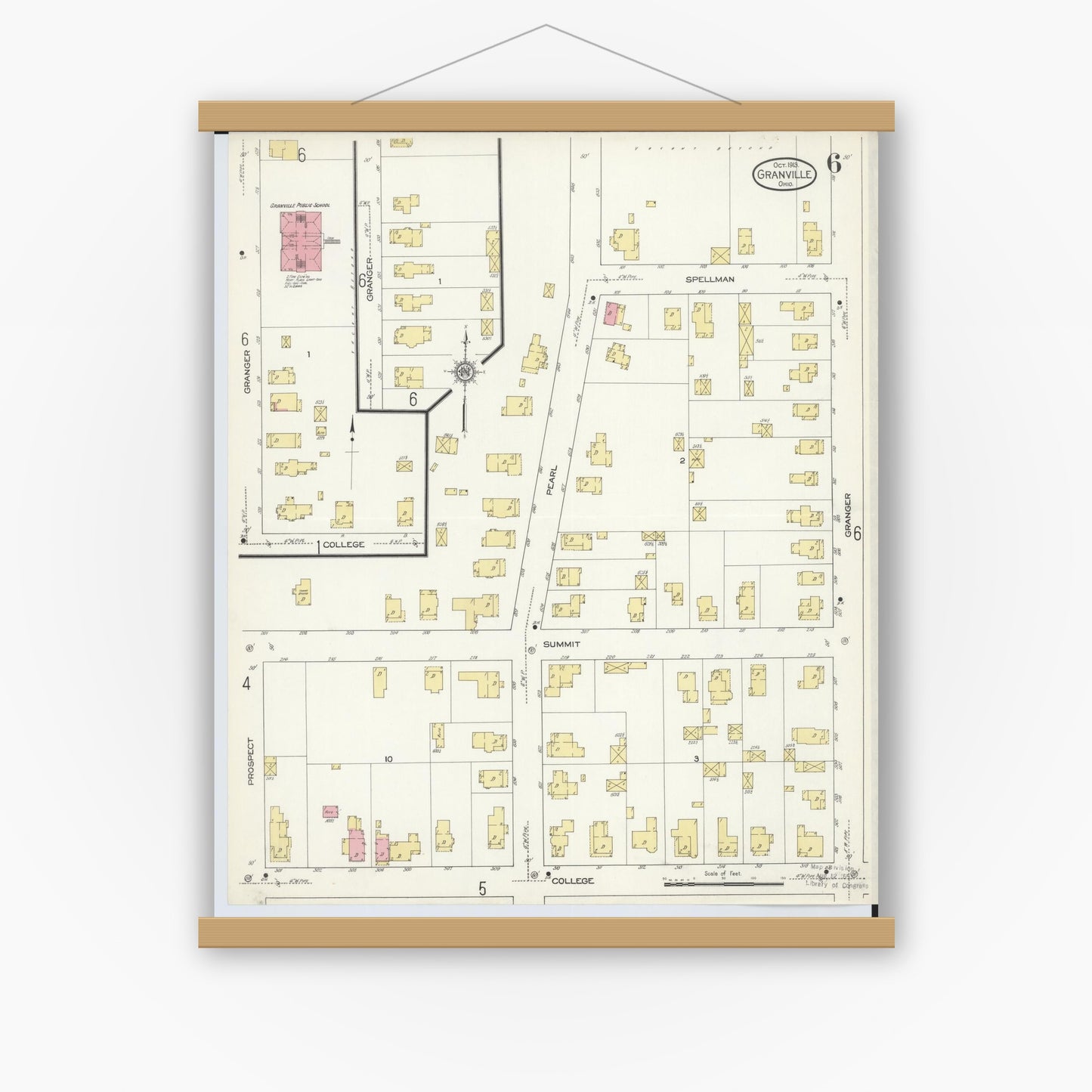 Old map wall art mockup — magnetic wood frame on white wall — Sanborn Fire Insurance Map from Granville, Licking County, Ohio (1913), Sheet #0006