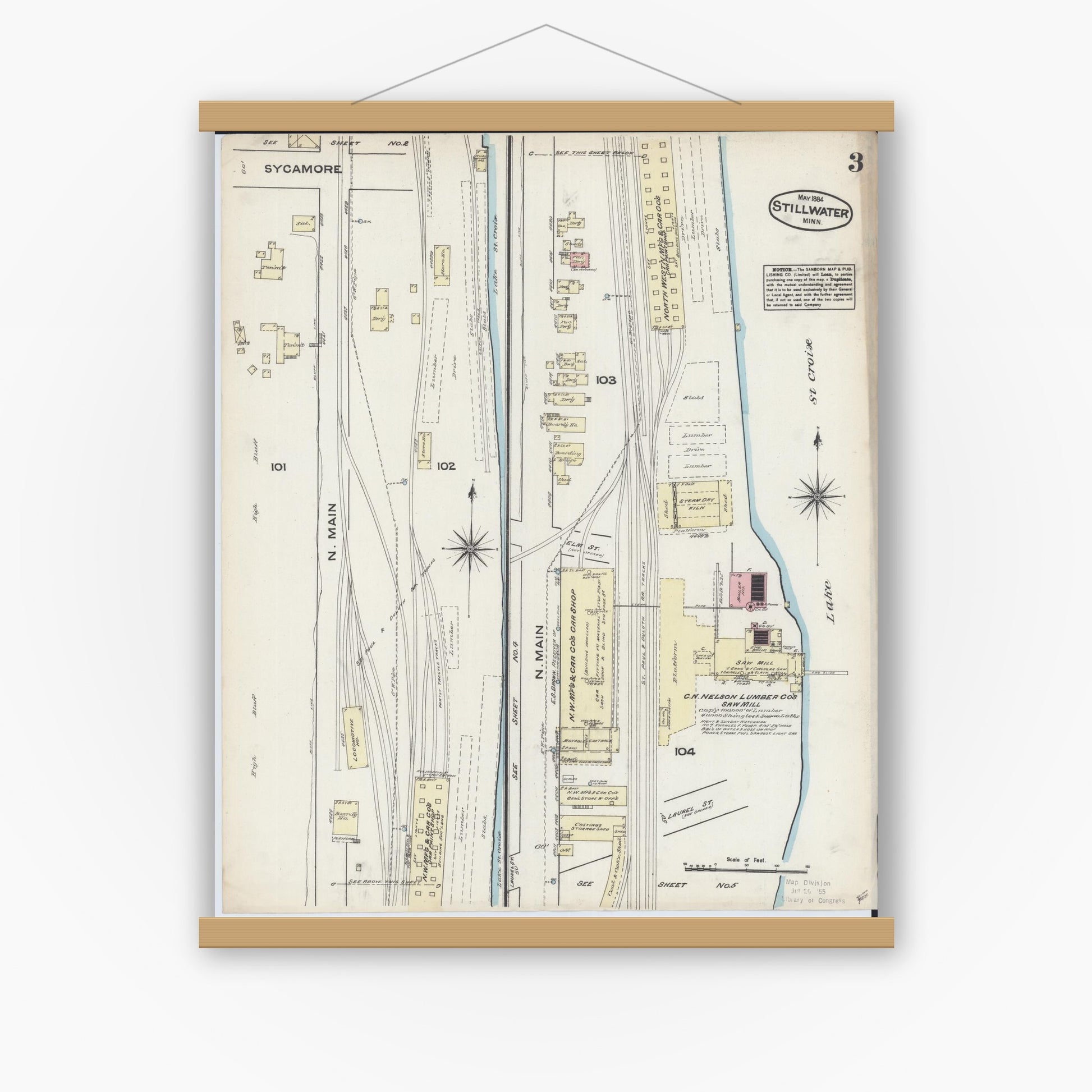 Old map wall art mockup — magnetic wood frame on white wall — Sanborn Fire Insurance Map from Stillwater, Washington County, Minnesota (1884), Sheet #0003