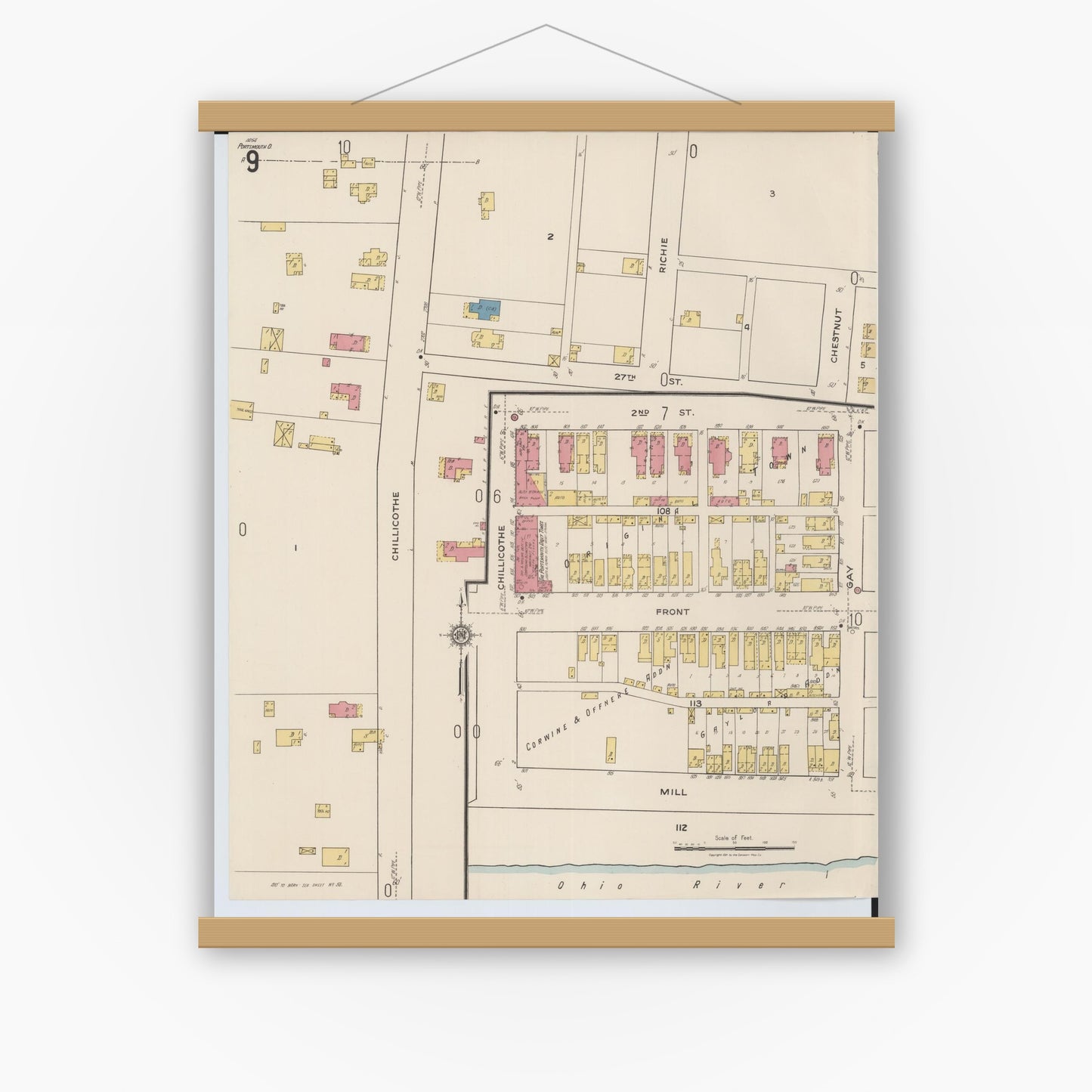 Old map wall art mockup — magnetic wood frame on white wall — Sanborn Fire Insurance Map from Portsmouth, Scioto County, Ohio (1921), Sheet #0009