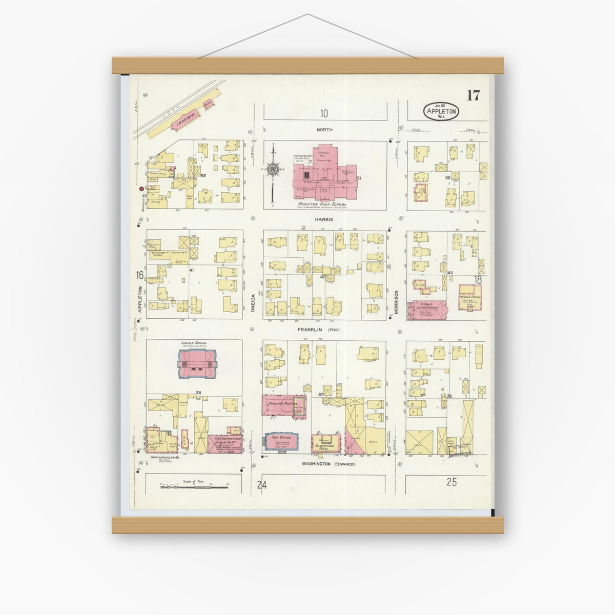 Old map wall art mockup — magnetic wood frame on white wall — Sanborn Fire Insurance Map from Appleton, Outagamie County, Wisconsin (1911), Sheet #0017