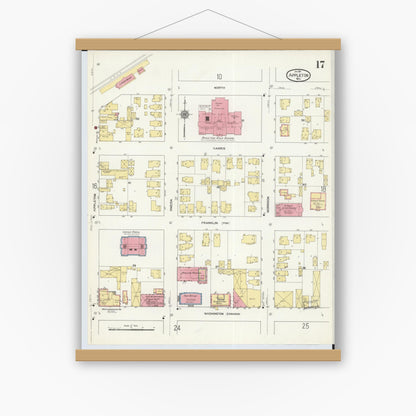 Old map wall art mockup — magnetic wood frame on white wall — Sanborn Fire Insurance Map from Appleton, Outagamie County, Wisconsin (1911), Sheet #0017