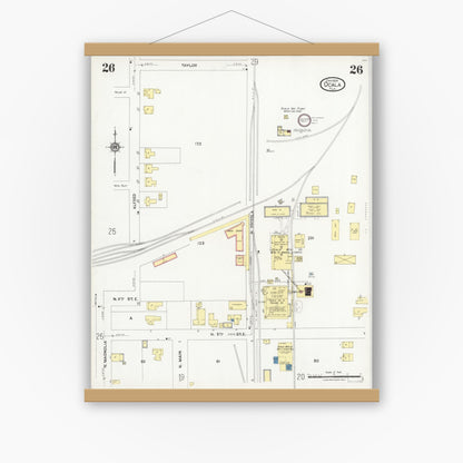 Old map wall art mockup — magnetic wood frame on white wall — Sanborn Fire Insurance Map from Ocala, Marion County, Florida (1924), Sheet #0026