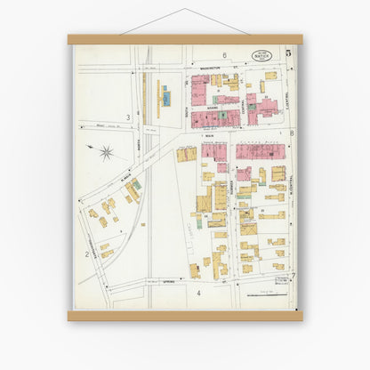 Old map wall art mockup — magnetic wood frame on white wall — Sanborn Fire Insurance Map from Natick, Middlesex County, Massachusetts (1899), Sheet #0005