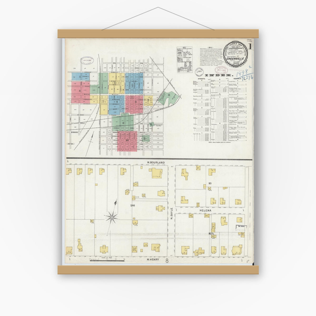 Old map wall art mockup — magnetic wood frame on white wall — Sanborn Fire Insurance Map from Greenville, Hunt County, Texas (1898) - Complete Map Set