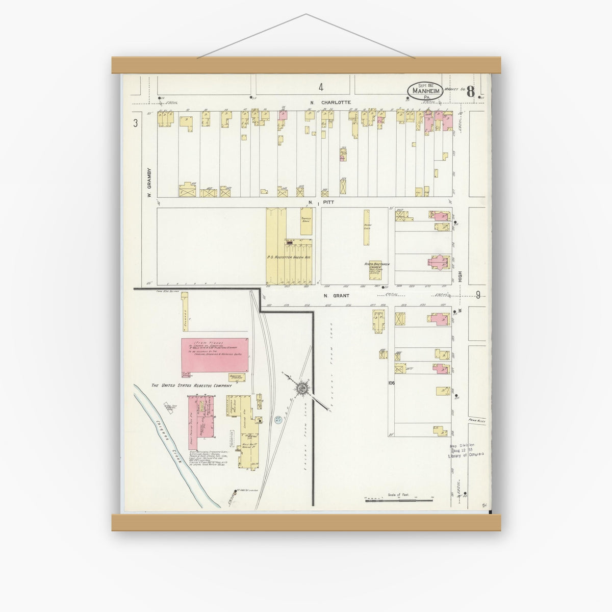 Old map wall art mockup — magnetic wood frame on white wall — Sanborn Fire Insurance Map from Manheim, Lancaster County, Pennsylvania (1912), Sheet #0008