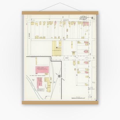 Old map wall art mockup — magnetic wood frame on white wall — Sanborn Fire Insurance Map from Manheim, Lancaster County, Pennsylvania (1912), Sheet #0008