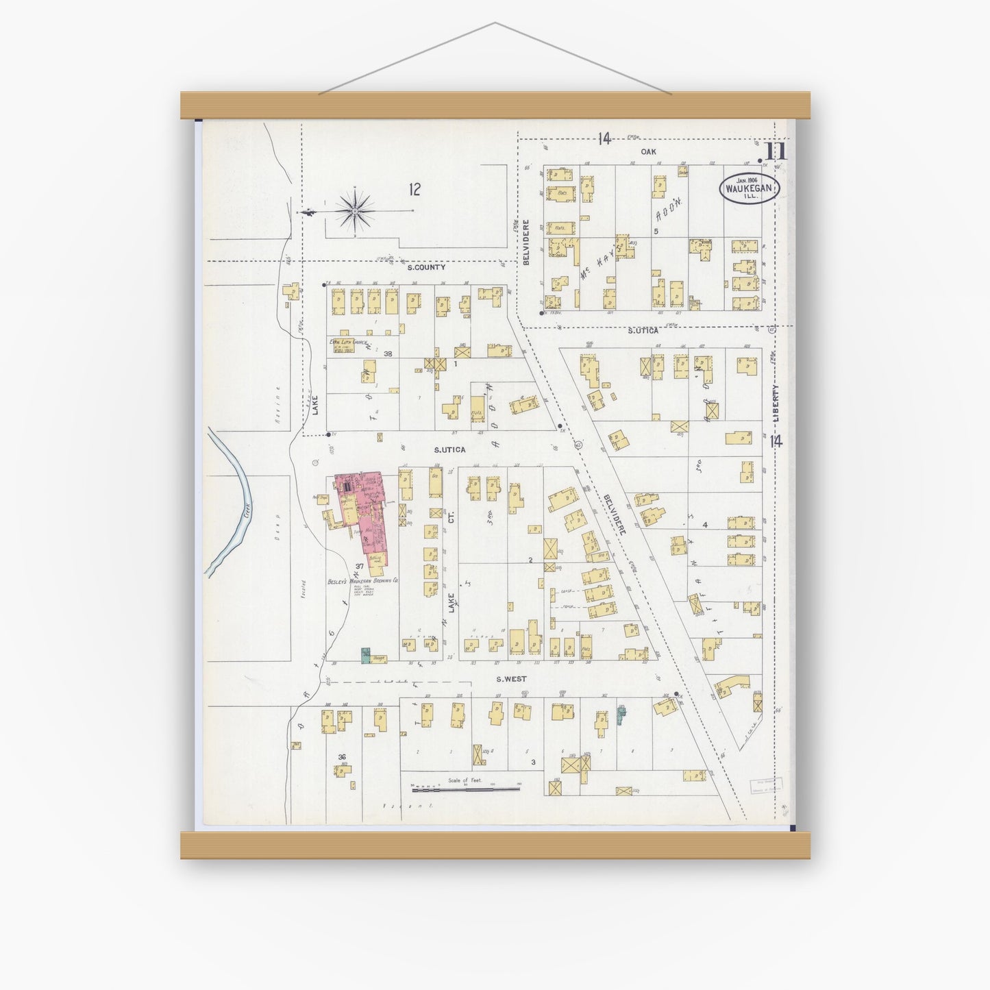 Old map wall art mockup — magnetic wood frame on white wall — Sanborn Fire Insurance Map from Waukegan, Lake County, Illinois (1906), Sheet #0011