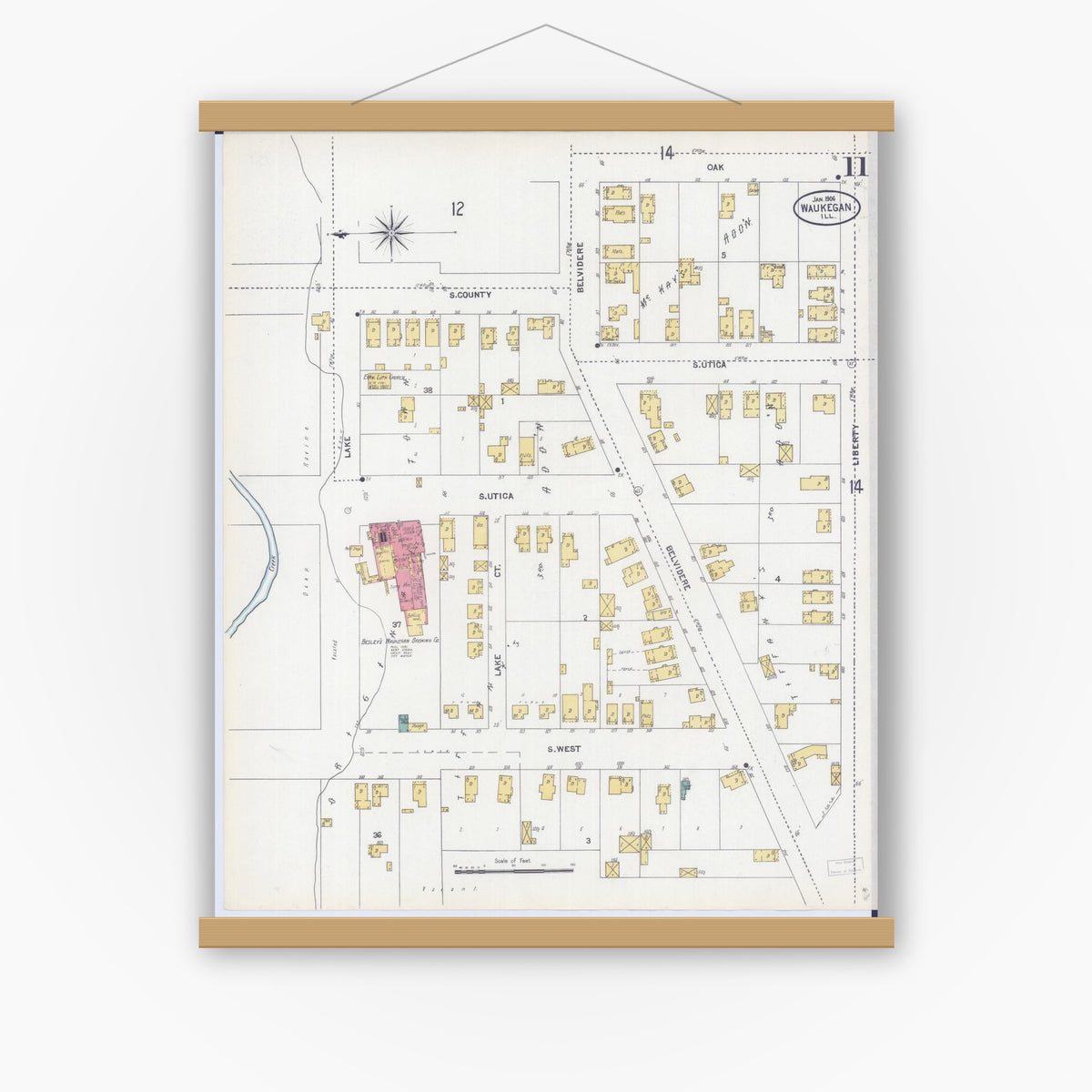 Old map wall art mockup — magnetic wood frame on white wall — Sanborn Fire Insurance Map from Waukegan, Lake County, Illinois (1906), Sheet #0011