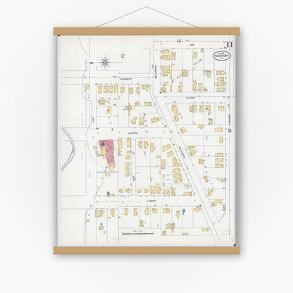 Old map wall art mockup — magnetic wood frame on white wall — Sanborn Fire Insurance Map from Waukegan, Lake County, Illinois (1906), Sheet #0011
