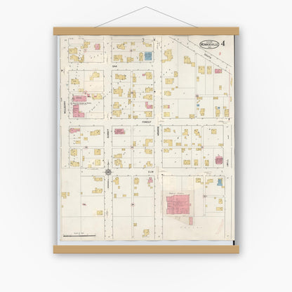 Old map wall art mockup — magnetic wood frame on white wall — Sanborn Fire Insurance Map from Monroeville, Allen County, Indiana (1932), Sheet #0004