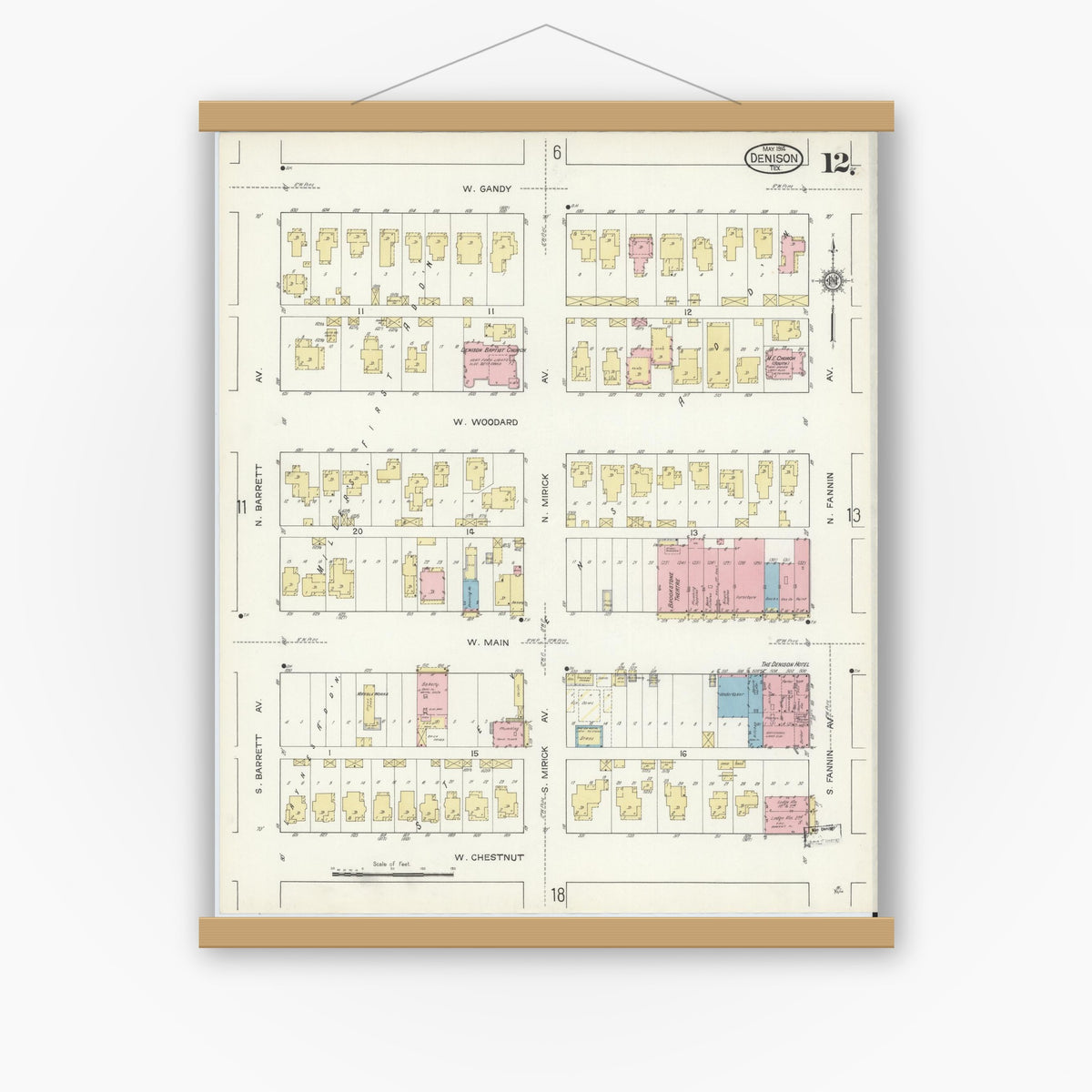 Old map wall art mockup — magnetic wood frame on white wall — Sanborn Fire Insurance Map from Denison, Grayson County, Texas (1914), Sheet #0012