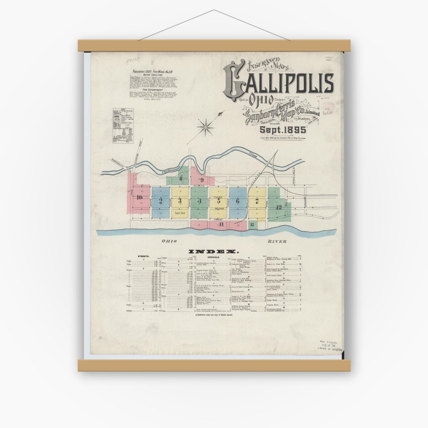 Old map wall art mockup — magnetic wood frame on white wall — Sanborn Fire Insurance Map from Gallipolis, Gallia County, Ohio (1895) - Complete Map Set