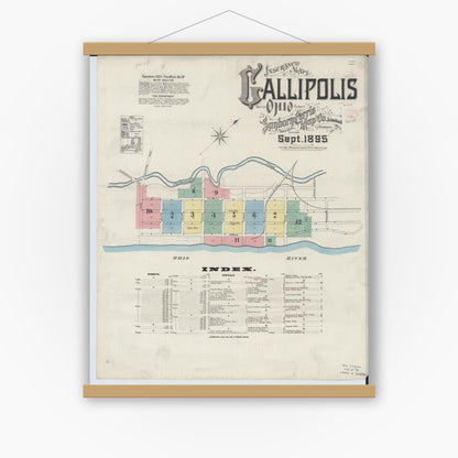 Old map wall art mockup — magnetic wood frame on white wall — Sanborn Fire Insurance Map from Gallipolis, Gallia County, Ohio (1895) - Complete Map Set