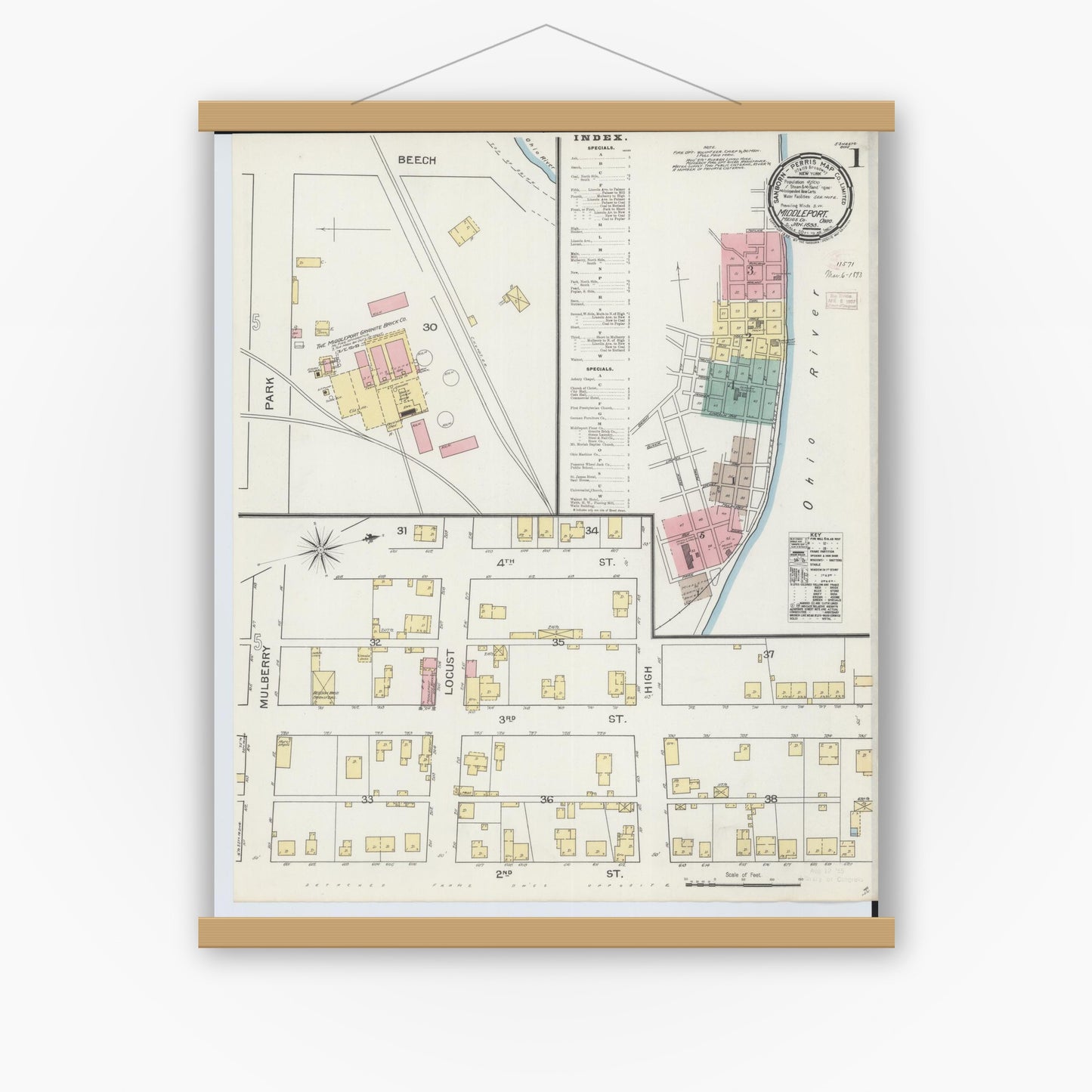 Old map wall art mockup — magnetic wood frame on white wall — Sanborn Fire Insurance Map from Middleport, Meigs County, Ohio (1893) - Complete Map Set