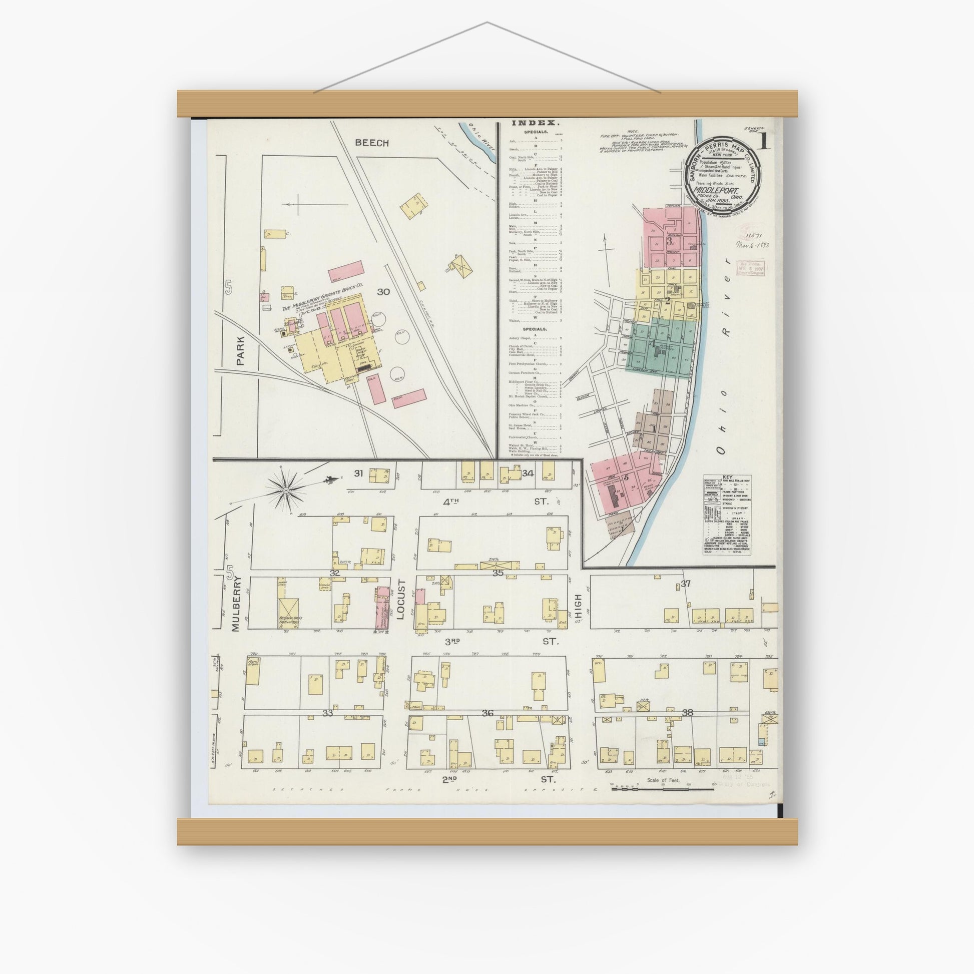 Old map wall art mockup — magnetic wood frame on white wall — Sanborn Fire Insurance Map from Middleport, Meigs County, Ohio (1893) - Complete Map Set