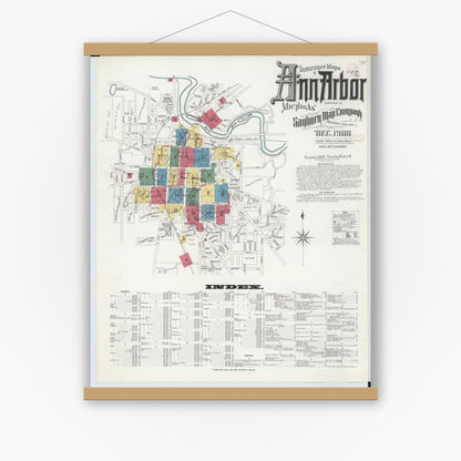 Old map wall art mockup — magnetic wood frame on white wall — Sanborn Fire Insurance Map from Ann Arbor, Washtenaw County, Michigan (1908), Sheet #0001