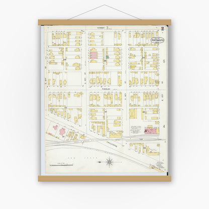 Old map wall art mockup — magnetic wood frame on white wall — Sanborn Fire Insurance Map from Portsmouth, Scioto County, Ohio (1904), Sheet #0002