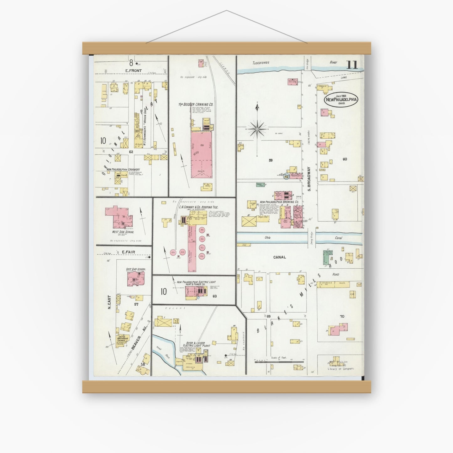 Old map wall art mockup — magnetic wood frame on white wall — Sanborn Fire Insurance Map from New Philadelphia, Tuscarawas County, Ohio (1901), Sheet #0011