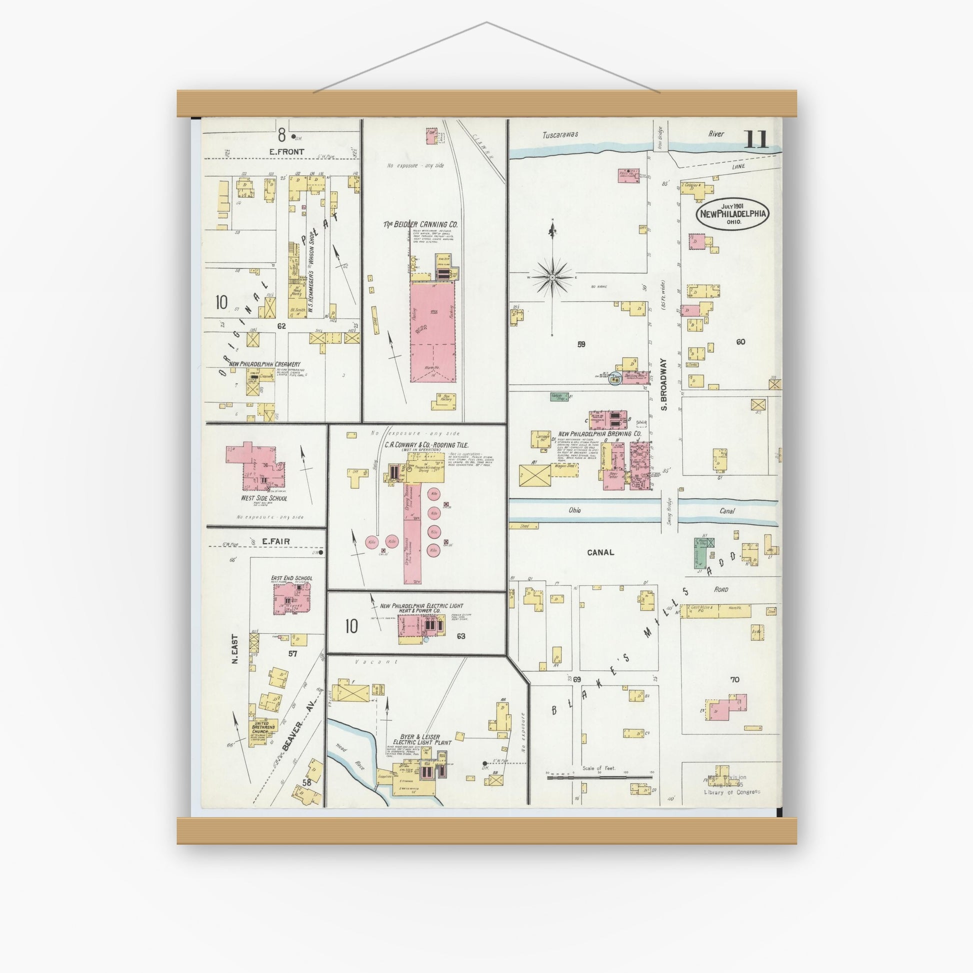 Old map wall art mockup — magnetic wood frame on white wall — Sanborn Fire Insurance Map from New Philadelphia, Tuscarawas County, Ohio (1901), Sheet #0011