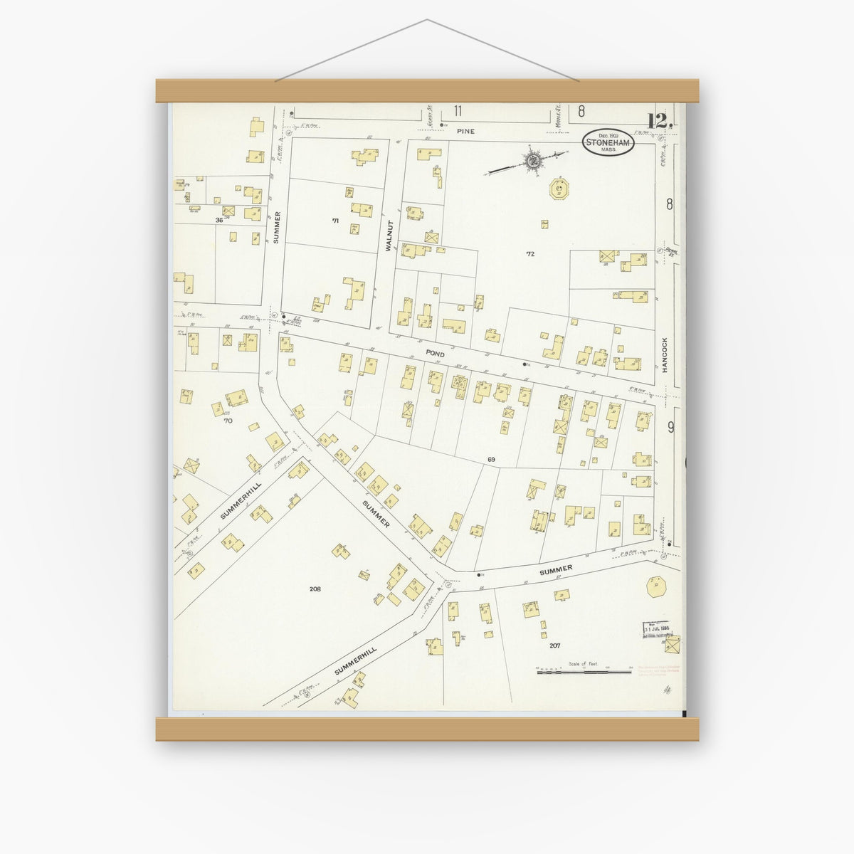 Old map wall art mockup — magnetic wood frame on white wall — Sanborn Fire Insurance Map from Stoneham, Middlesex County, Massachusetts (1909), Sheet #0012