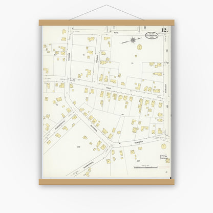 Old map wall art mockup — magnetic wood frame on white wall — Sanborn Fire Insurance Map from Stoneham, Middlesex County, Massachusetts (1909), Sheet #0012