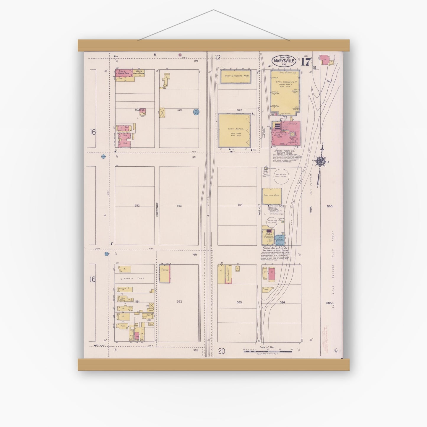 Old map wall art mockup — magnetic wood frame on white wall — Sanborn Fire Insurance Map from Marysville, Yuba County, California (1921), Sheet #0017