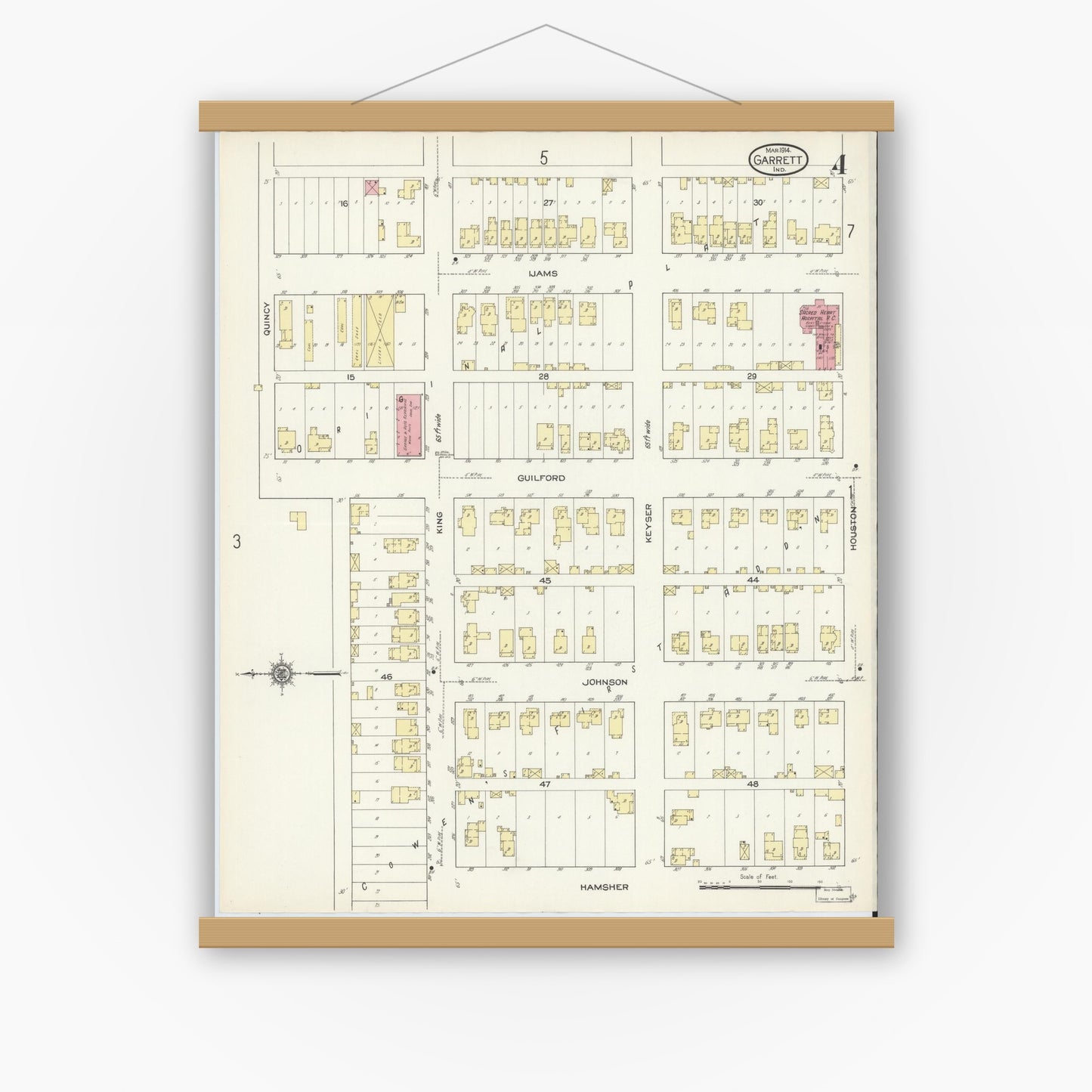 Old map wall art mockup — magnetic wood frame on white wall — Sanborn Fire Insurance Map from Garrett, De Kalb County, Indiana (1914), Sheet #0004