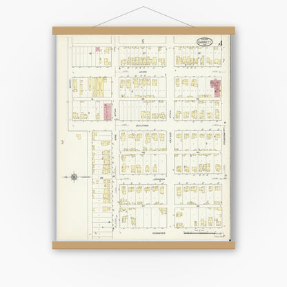 Old map wall art mockup — magnetic wood frame on white wall — Sanborn Fire Insurance Map from Garrett, De Kalb County, Indiana (1914), Sheet #0004