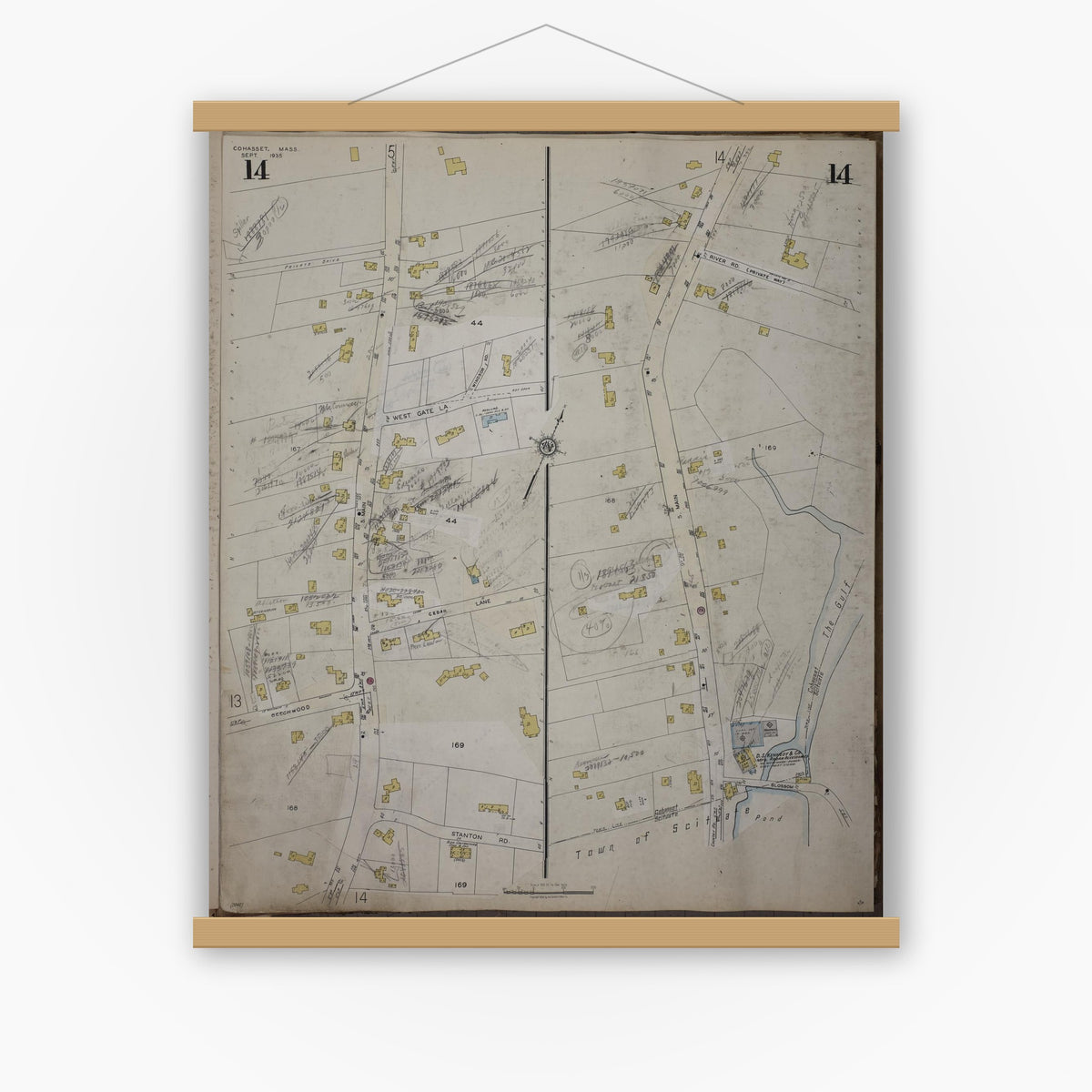 Old map wall art mockup — magnetic wood frame on white wall — Sanborn Fire Insurance Map from Cohasset, Norfolk County, Massachusetts (1952), Sheet #0014