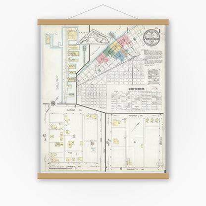 Old map wall art mockup — magnetic wood frame on white wall — Sanborn Fire Insurance Map from Punta Gorda, Charlotte County, Florida (1914), Sheet #0001