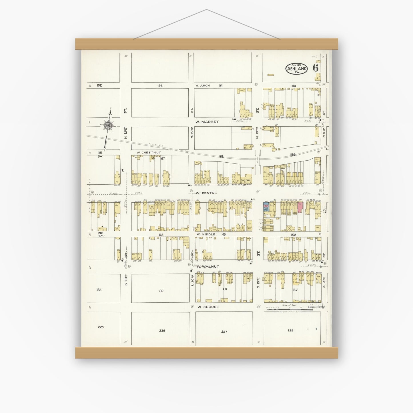 Old map wall art mockup — magnetic wood frame on white wall — Sanborn Fire Insurance Map from Ashland, Schuylkill County, Pennsylvania (1921), Sheet #0006