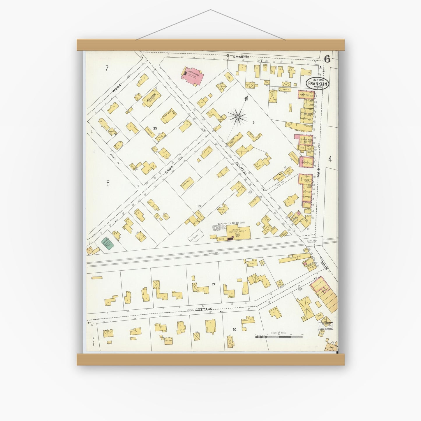 Old map wall art mockup — magnetic wood frame on white wall — Sanborn Fire Insurance Map from Franklin, Norfolk County, Massachusetts (1904), Sheet #0006