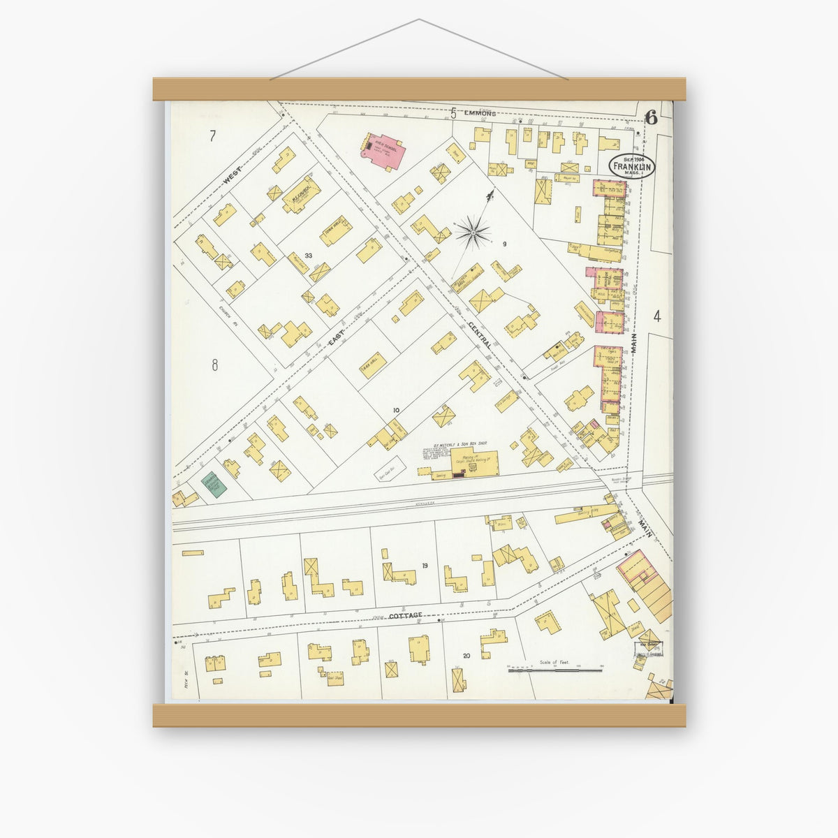 Old map wall art mockup — magnetic wood frame on white wall — Sanborn Fire Insurance Map from Franklin, Norfolk County, Massachusetts (1904), Sheet #0006