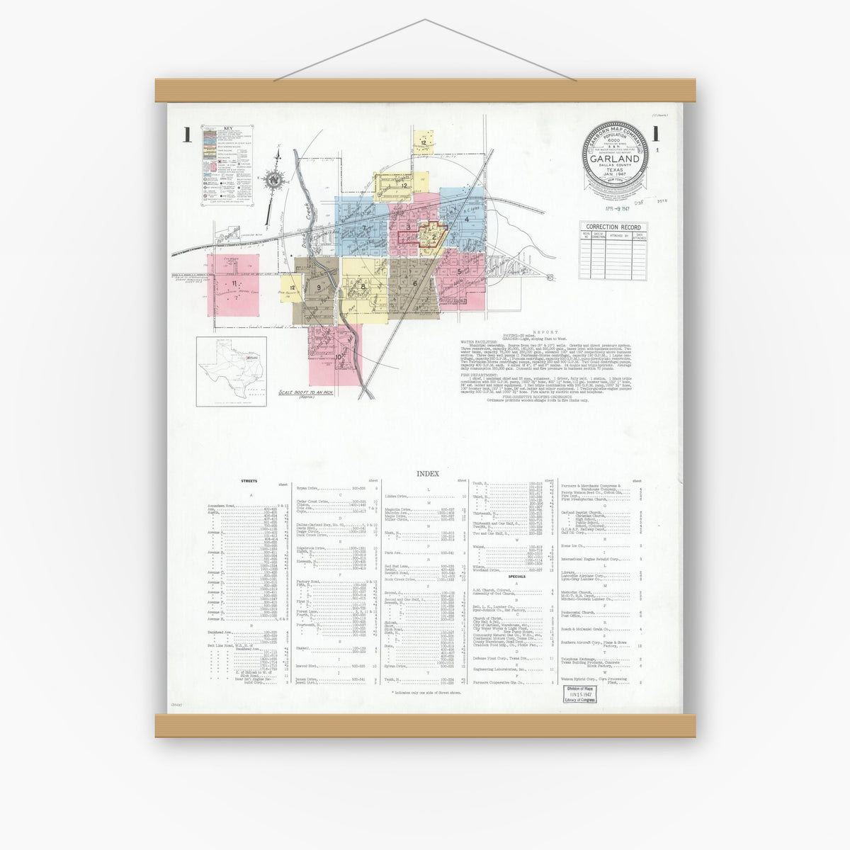 Old map wall art mockup — magnetic wood frame on white wall — Sanborn Fire Insurance Map from Garland, Dallas County, Texas (1947) - Complete Map Set