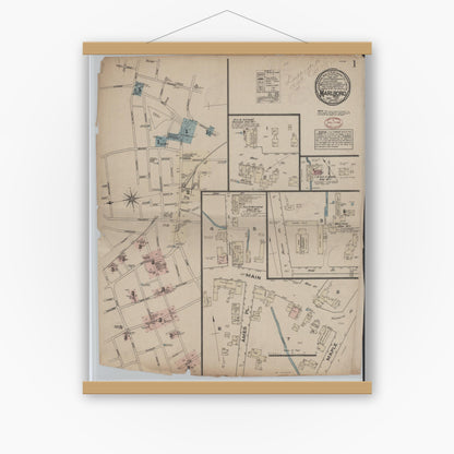 Old map wall art mockup — magnetic wood frame on white wall — Sanborn Fire Insurance Map from Marlborough, Middlesex  County, Massachusetts (1881), Sheet #0001