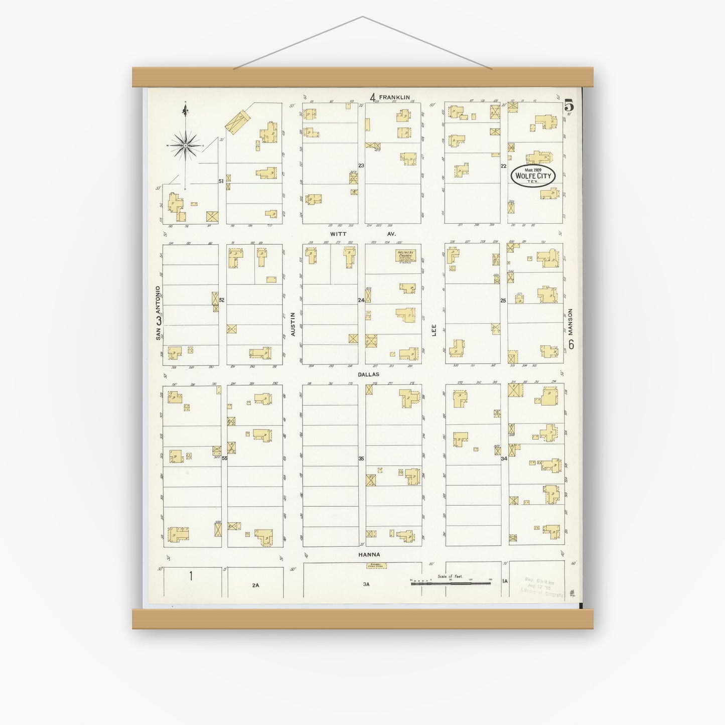 Old map wall art mockup — magnetic wood frame on white wall — Sanborn Fire Insurance Map from Wolfe City, Hunt County, Texas (1909), Sheet #0005