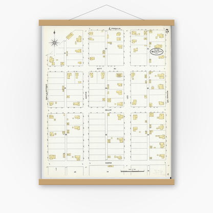 Old map wall art mockup — magnetic wood frame on white wall — Sanborn Fire Insurance Map from Wolfe City, Hunt County, Texas (1909), Sheet #0005