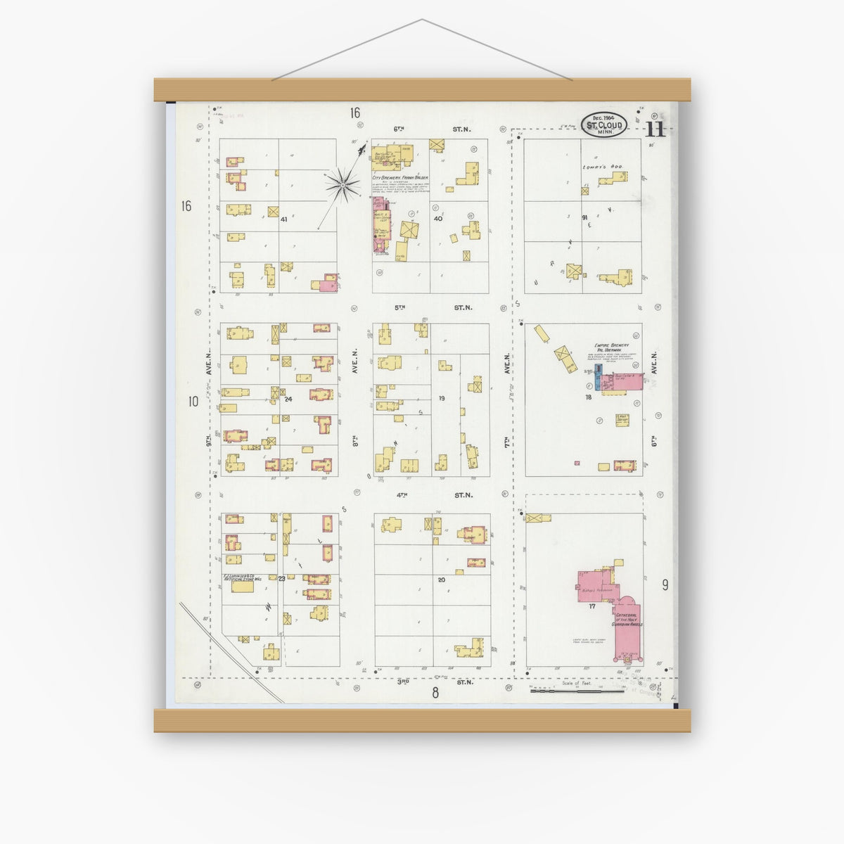 Old map wall art mockup — magnetic wood frame on white wall — Sanborn Fire Insurance Map from Saint Cloud, Stearns, Benton, and Sherburne Counties, Minnesota (1904), Sheet #0011