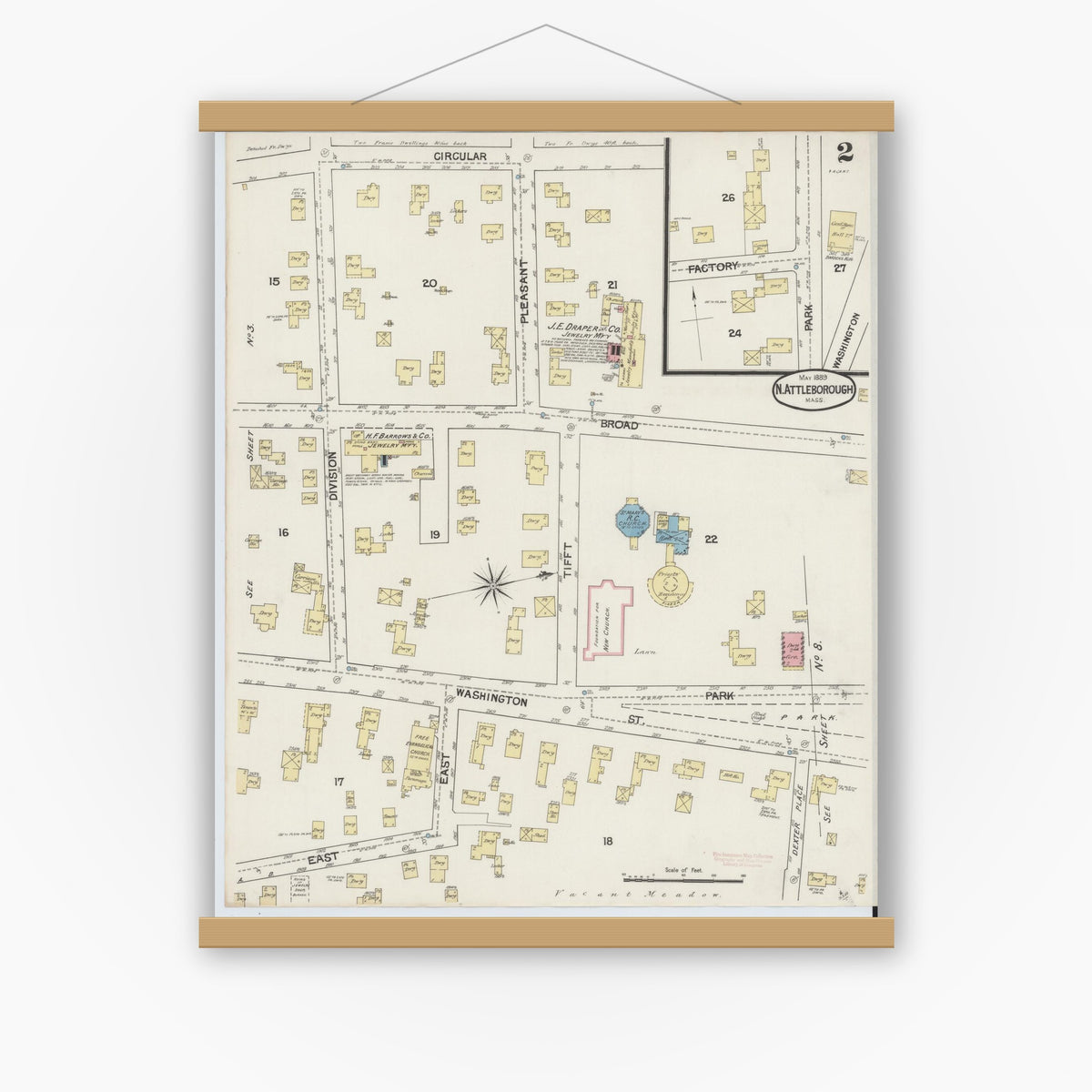 Old map wall art mockup — magnetic wood frame on white wall — Sanborn Fire Insurance Map from North Attleborough, Bristol County, Massachusetts (1889), Sheet #0002