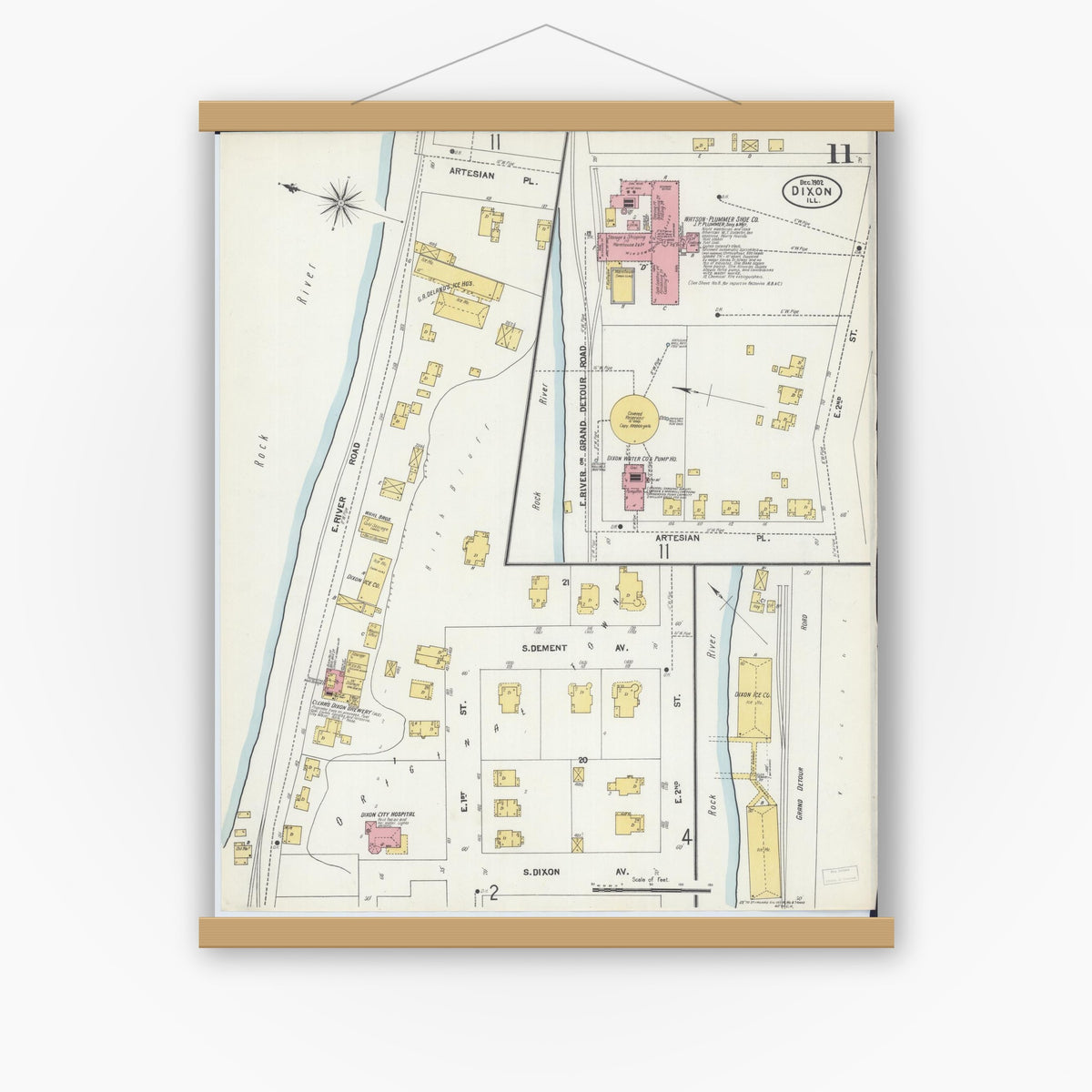 Old map wall art mockup — magnetic wood frame on white wall — Sanborn Fire Insurance Map from Dixon, Lee County, Illinois (1902), Sheet #0011