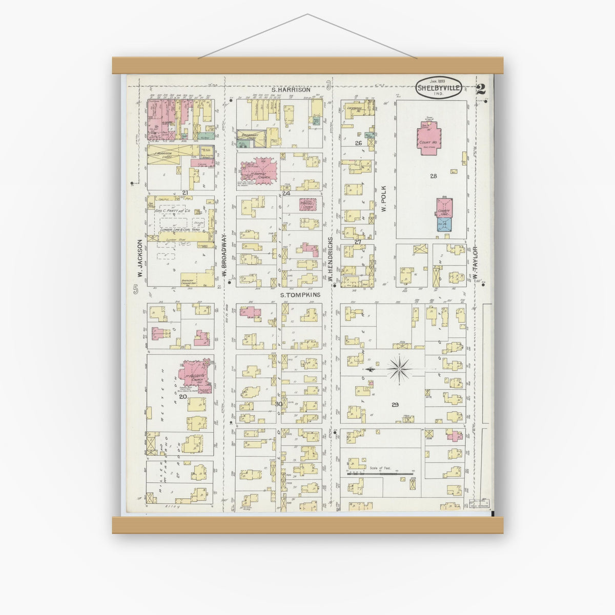 Old map wall art mockup — magnetic wood frame on white wall — Sanborn Fire Insurance Map from Shelbyville, Shelby County, Indiana (1893), Sheet #0002